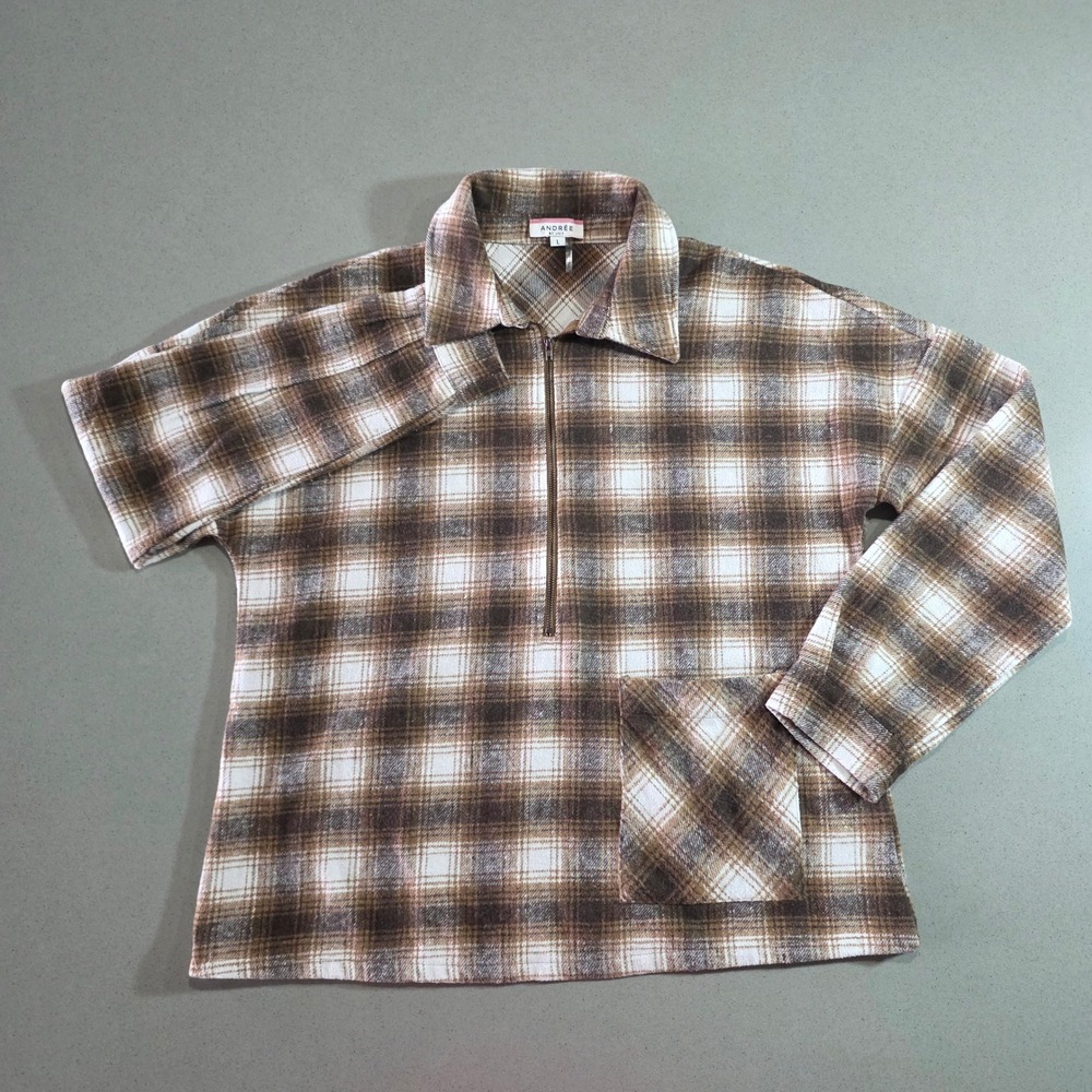 Andree by Unit Brown Plaid Quarter Zip Wool Blend Pullover Top Large 16006